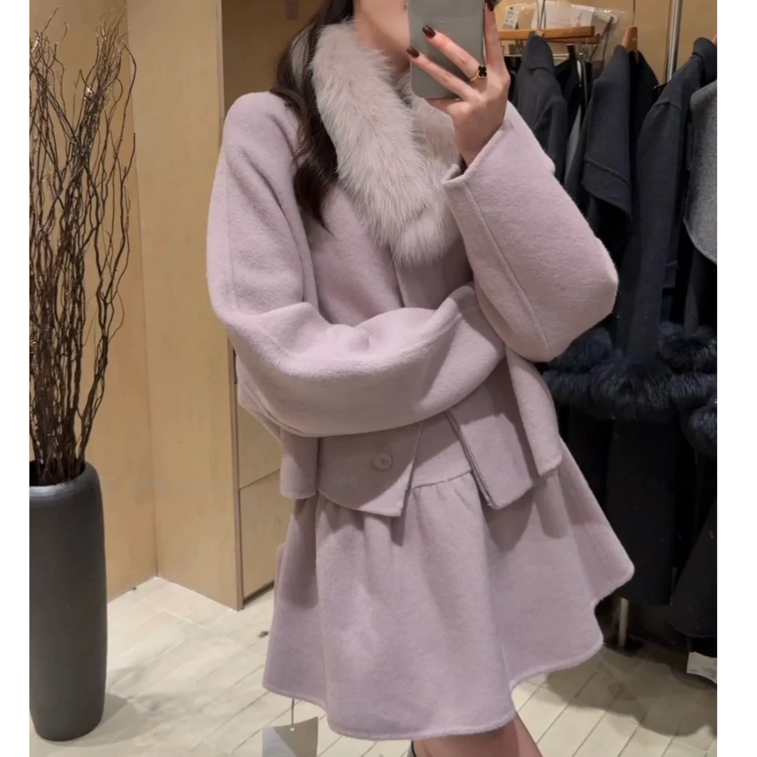 高端货~2026年新款仿狐狸毛领双面羊毛大衣短款短裙套装显瘦气质