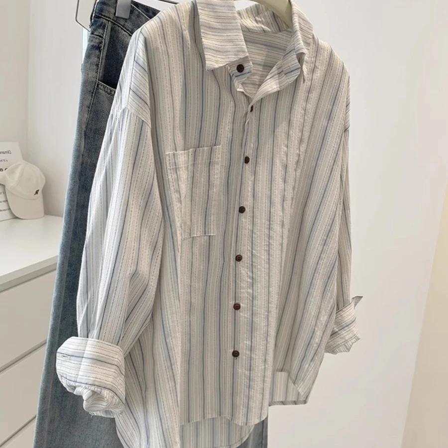 【杭州四季青好货】盐系蓝白竖条纹衬衫春夏宽松长袖上衣防晒衫衬衣