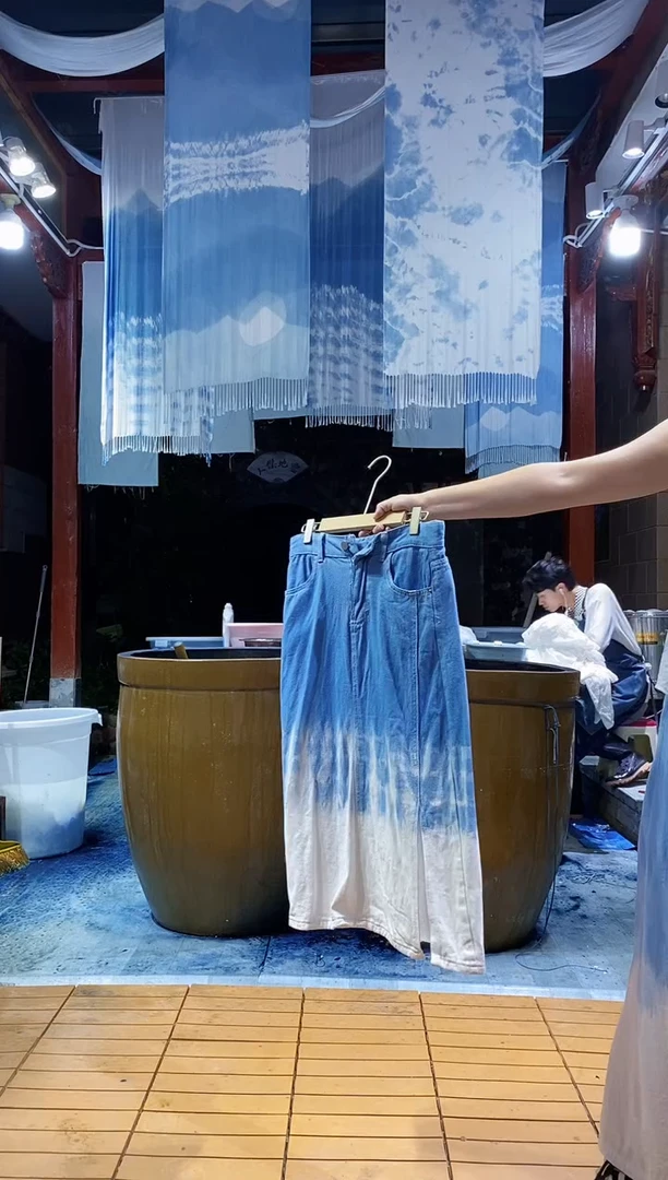 云浅蓝深 扎染服装 牛仔半裙 上波光蓝 2XL码 穿到125斤