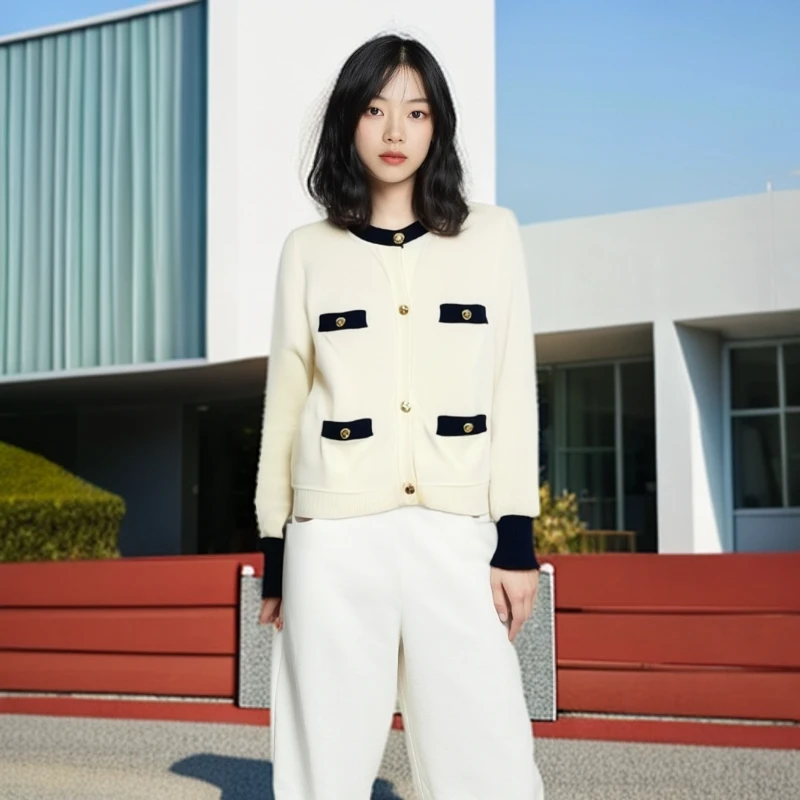 99新 MIU MIU/缪缪 logo嵌花小香风羊绒开衫外套/40码/0001193