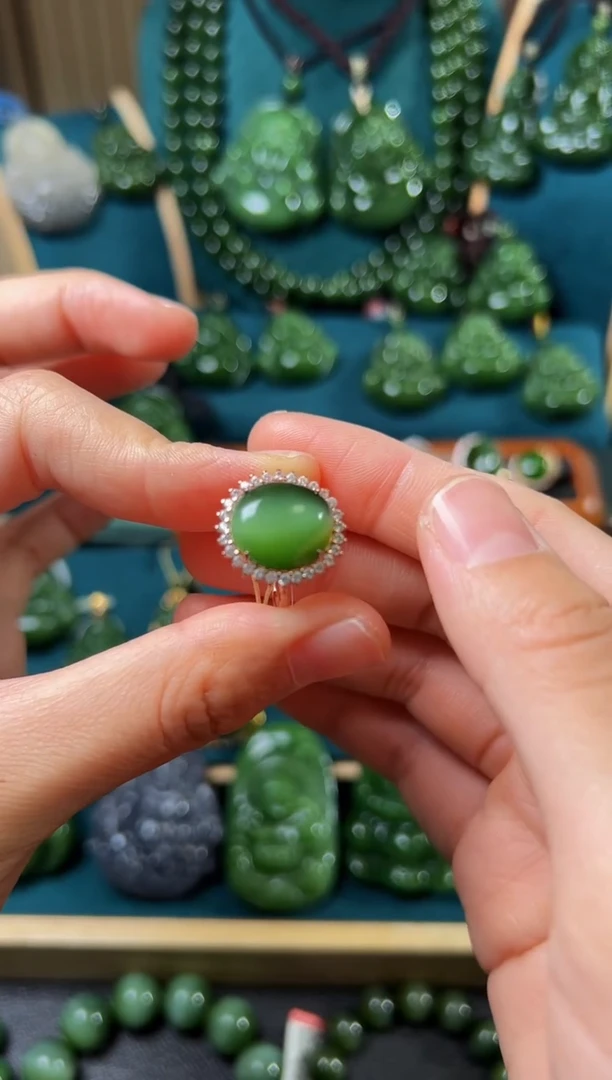 和田玉（碧玉）戒指银S925镶嵌碧玉