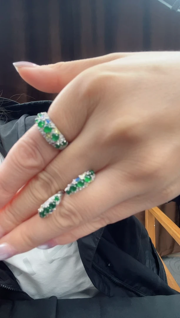 银S925镶嵌戒指翡翠久甜翡翠珠宝天然翡翠A货