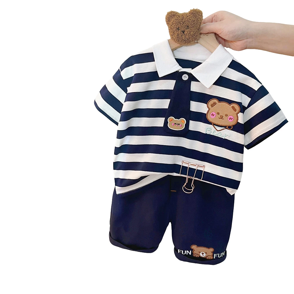 男童装夏季新款女童韩版条纹动物T恤套装宝宝短袖套装