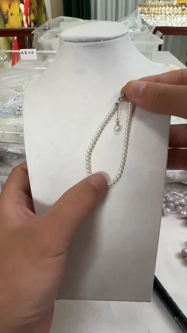 银S925镶嵌手链淡水珍珠3-4mm 吊小珠-孤品