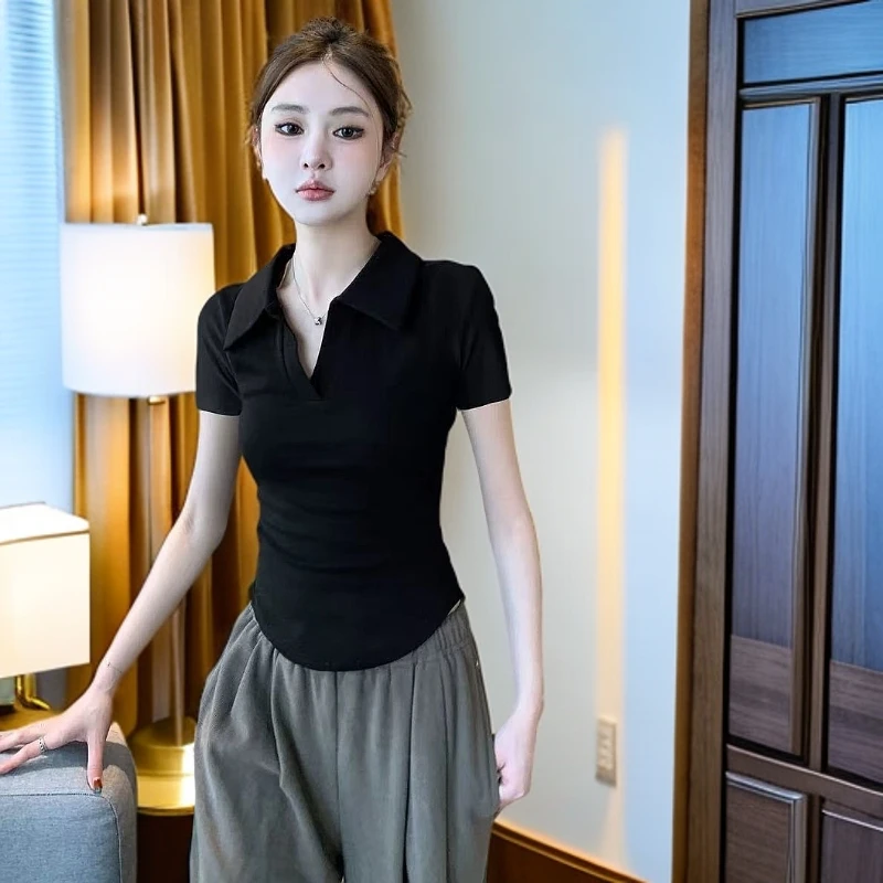 黑色翻领polo衫韩版洋气修身显瘦短袖t恤弧形下摆收腰上衣女夏季