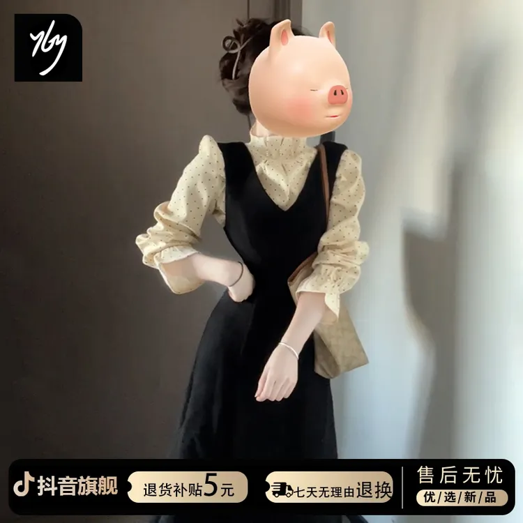 气质波点衬衫背带连衣裙子女春秋季小香风穿搭配一整套装内搭长裙
