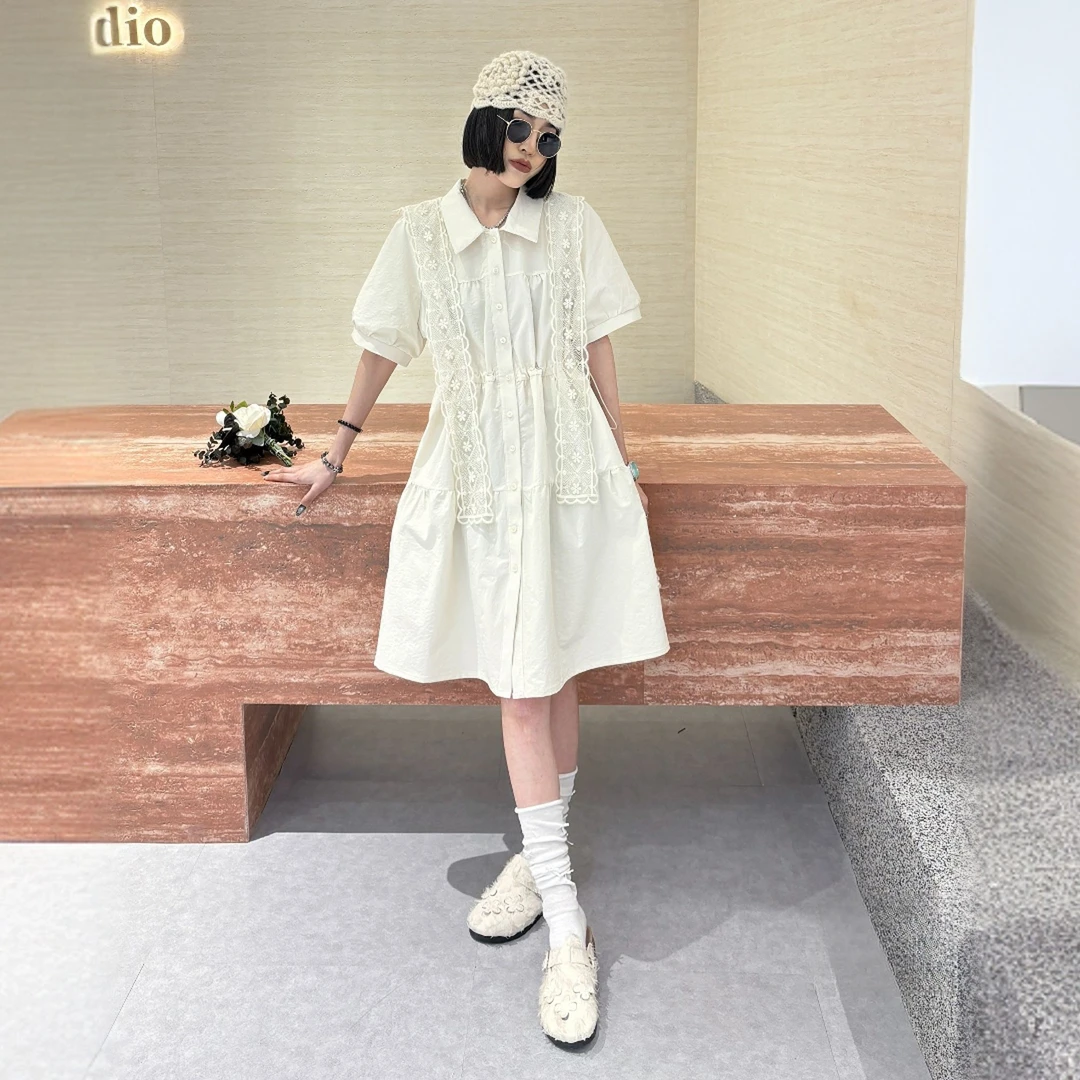 鲸鱼大码#夏季宽松波西米亚风褶皱百搭收腰蕾丝披肩显瘦连衣裙子