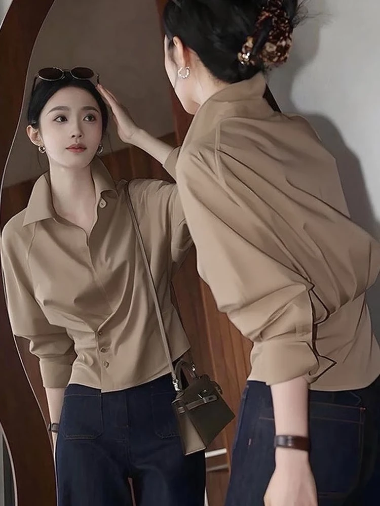 法式高级感不规则褶皱长袖衬衫女秋季新款气质轻奢百搭通勤衬衣潮