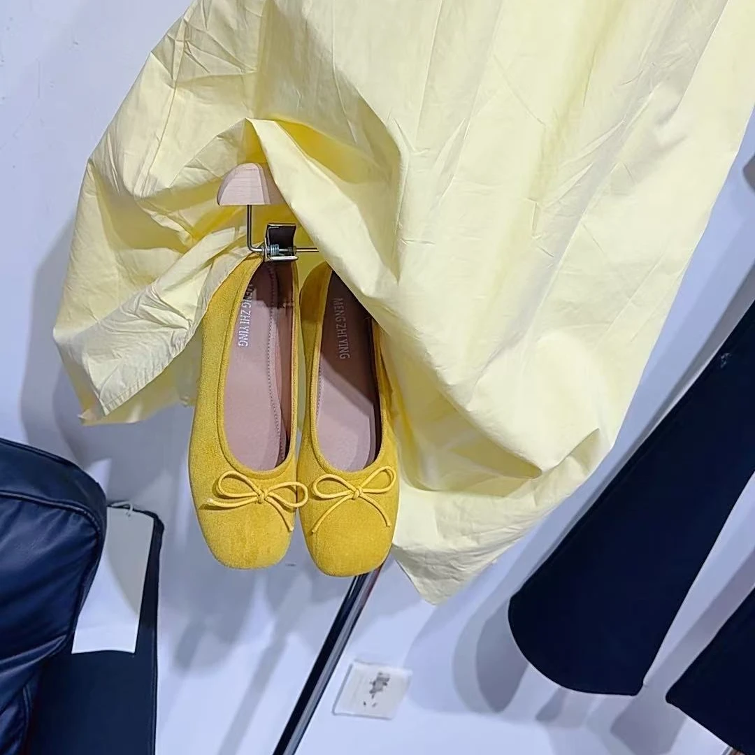 法式平底复古方头蝴蝶结绒面单鞋