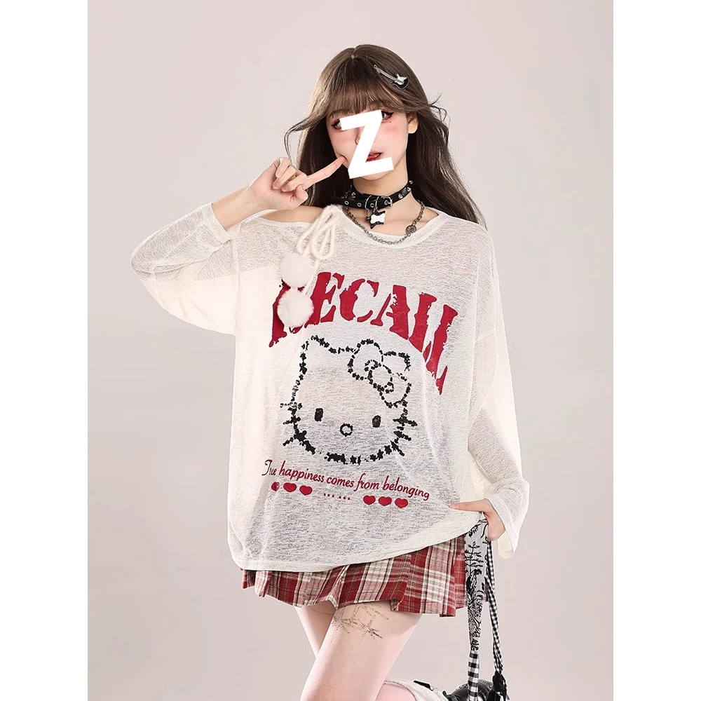 卡通猫软糯针织衫女款春季宽松显瘦长袖T恤露肩上衣