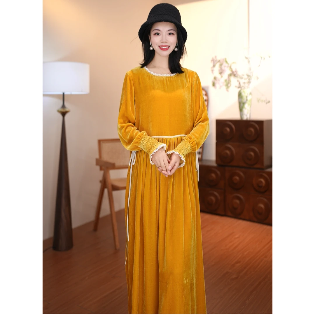 100%桑蚕丝丝绒优雅蕾丝腰绳中长裙连衣裙LL2023482