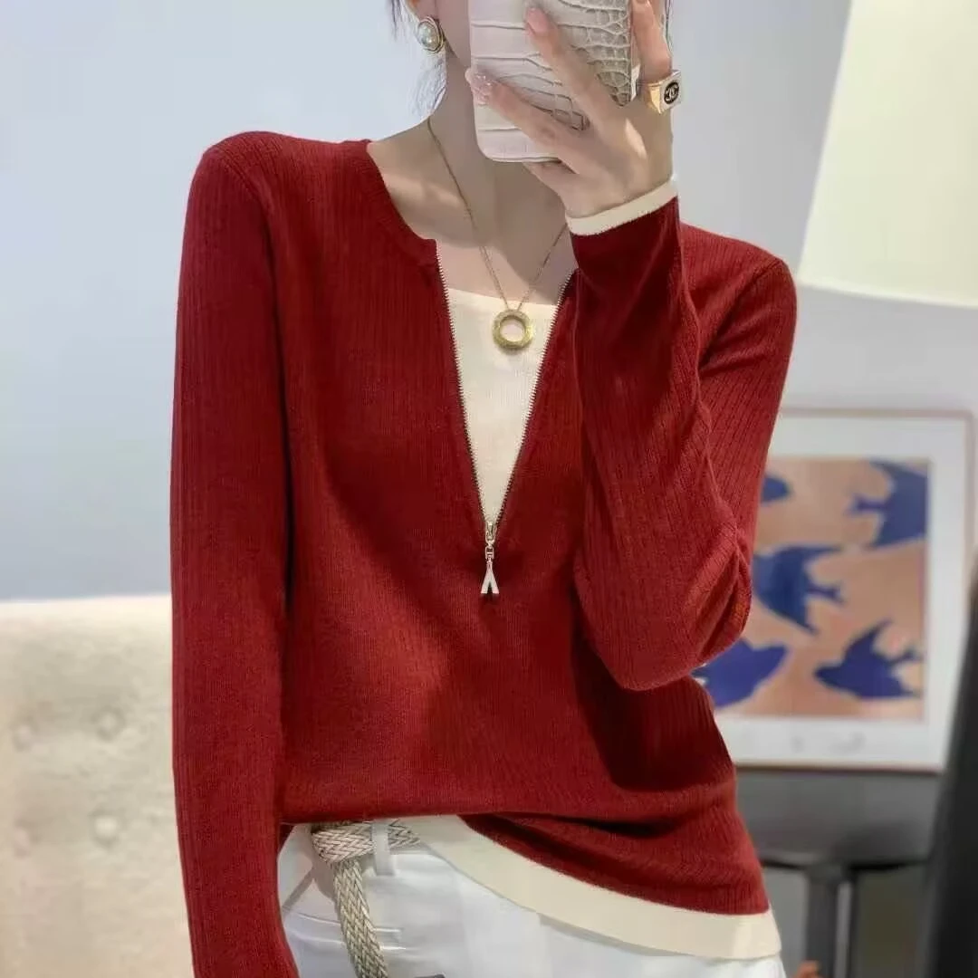 花倾慕假两件长袖针织衫女2025早秋新款V领撞色气质外穿毛衣95522