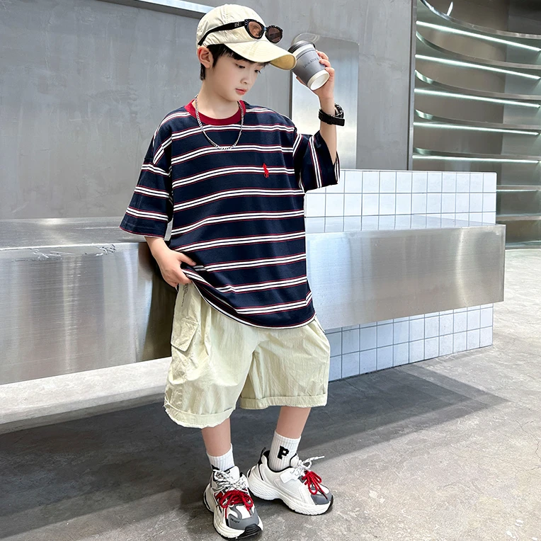 男童夏季条纹套装2025新款童装中大童时尚夏装洋气时髦儿童纯棉潮