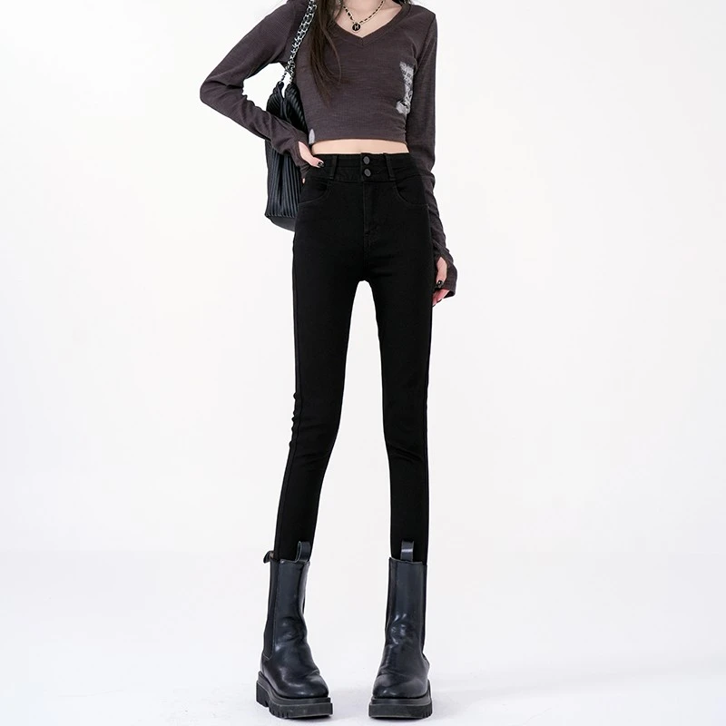 【小黑裤】2025年秋冬新款高腰显瘦紧身加绒弹力铅笔小脚裤牛仔裤