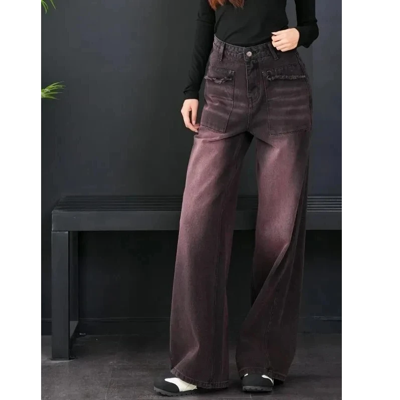 大码高腰宽松复古黑红色阔腿秋季新款口袋毛边设计直筒休闲牛仔裤