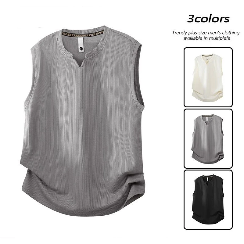 夏季大码男士背心宽松百搭休闲运动时尚无袖T恤简约潮流V领体恤衫