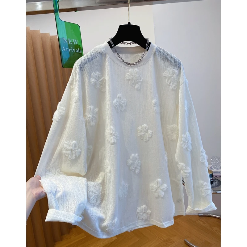 高级感立体花朵提花t恤女长袖2025夏季新款宽松轻薄微透防晒上衣