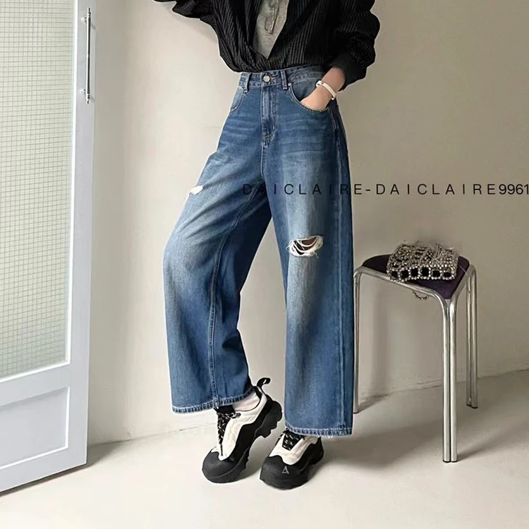 代嘉儿daiclaire高腰阔腿裤宽松显瘦女春夏破洞直筒牛仔裤99611