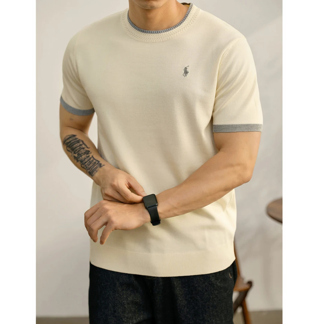 奥兰德保罗都市通勤拼色罗纹袖口针织T恤冰爽丝凉感骑士刺绣短袖