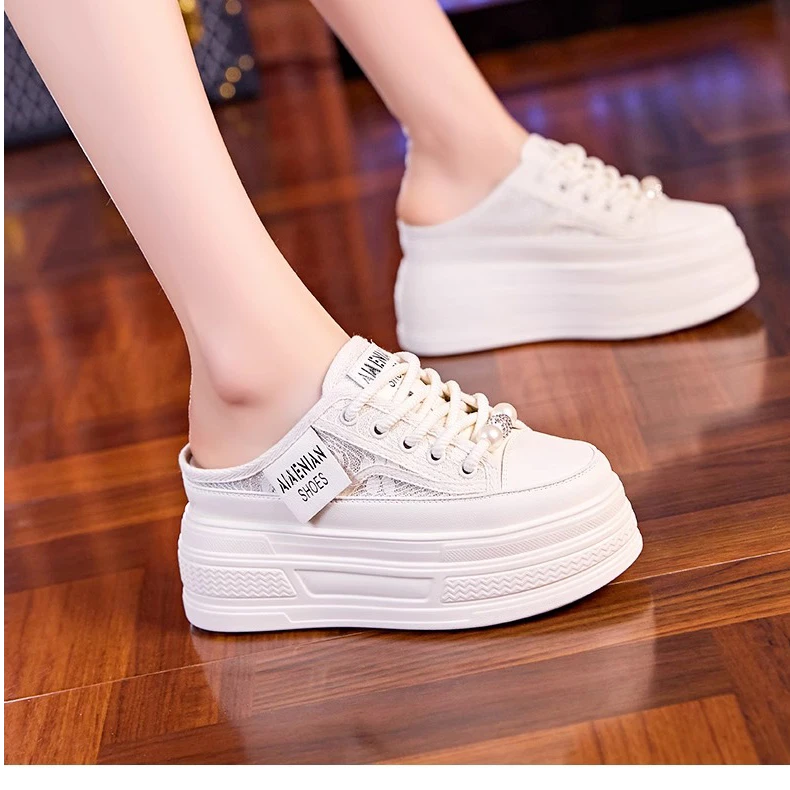 包头半拖鞋女夏外穿2025新款透气网面懒人凉拖鞋厚底增高女鞋9cm