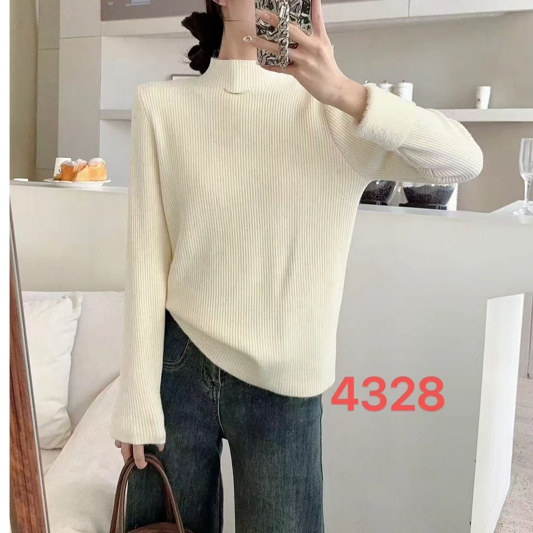 4328一体绒内搭打底衫女士2024年冬季新款半高领针织打底衫上衣