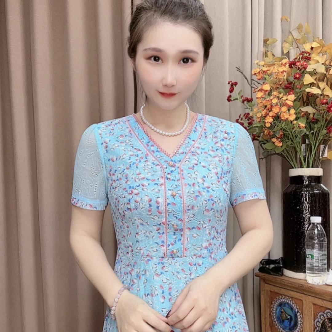 S#1601#时尚宽松收腰显瘦百褶连衣裙妈妈装百搭