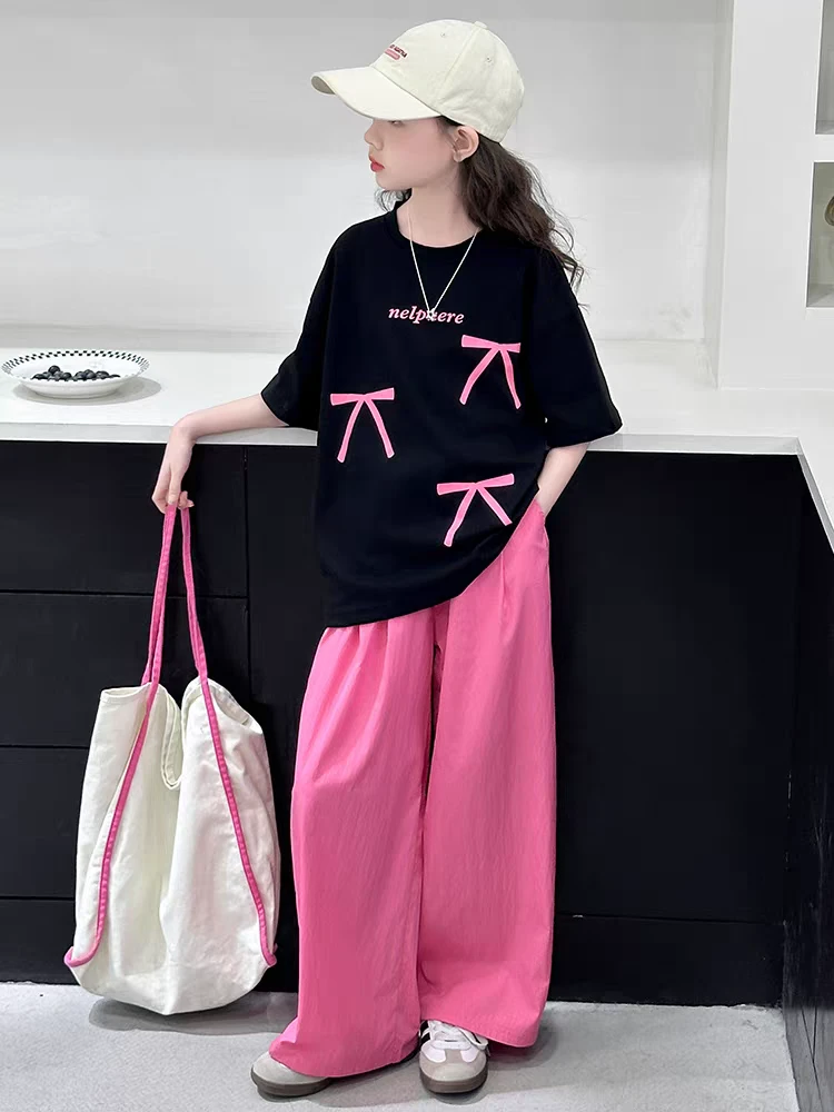 纯棉女童夏装休闲短袖阔腿裤两件套新款中大童洋气宽松运动套装潮