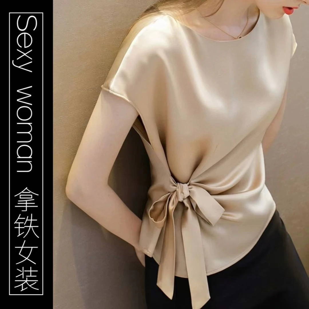 【6188人收藏】绑带蝴蝶结设计衬衣2025夏季时尚收腰小衫显瘦短袖上