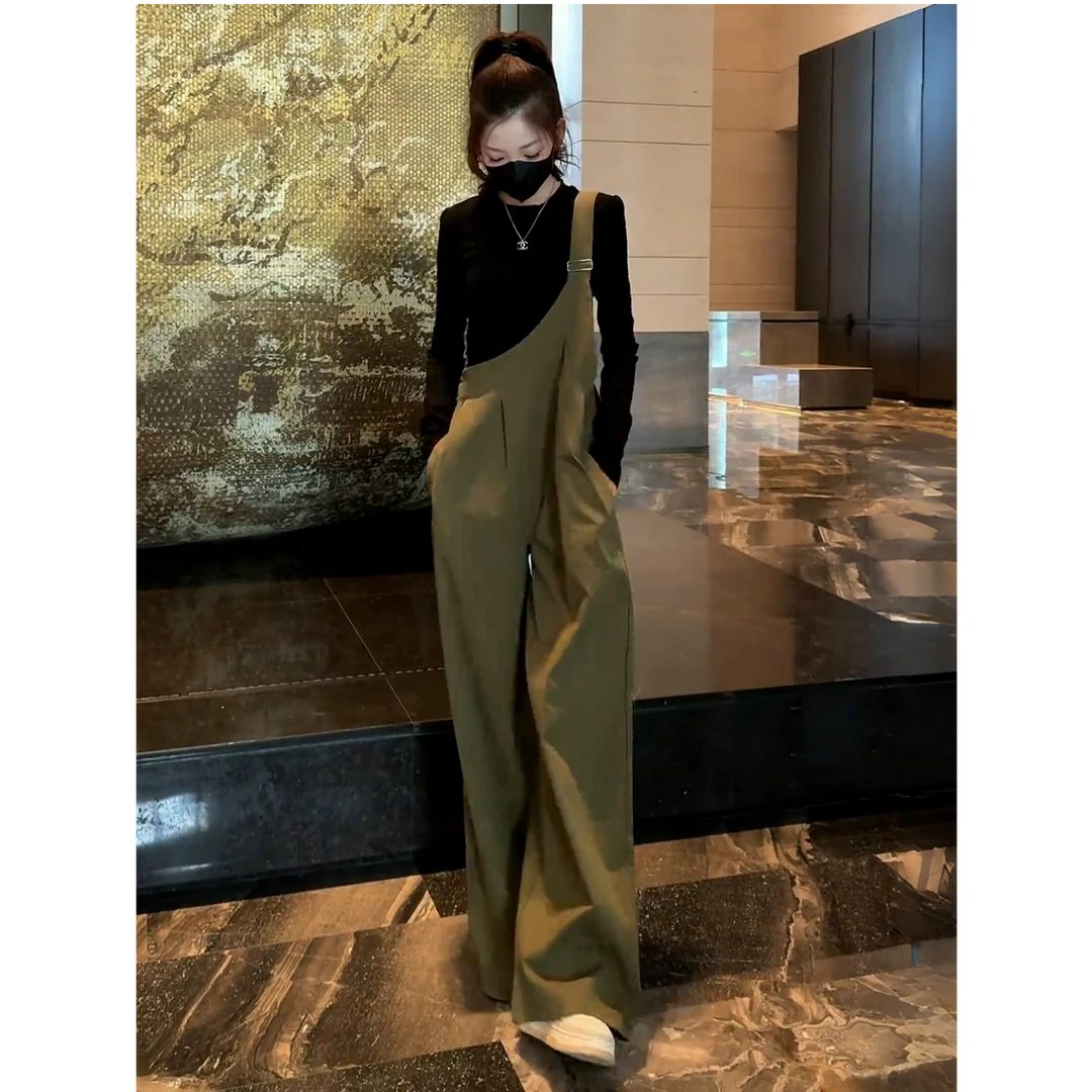 时尚背带裤套装女秋季新款宽松减龄显瘦长袖T恤阔腿连体裤两件套