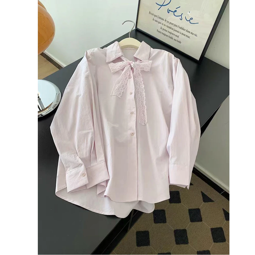 2025春季新款蝴蝶结蕾丝系带长袖衬衫外套女小个子小众休闲衣服