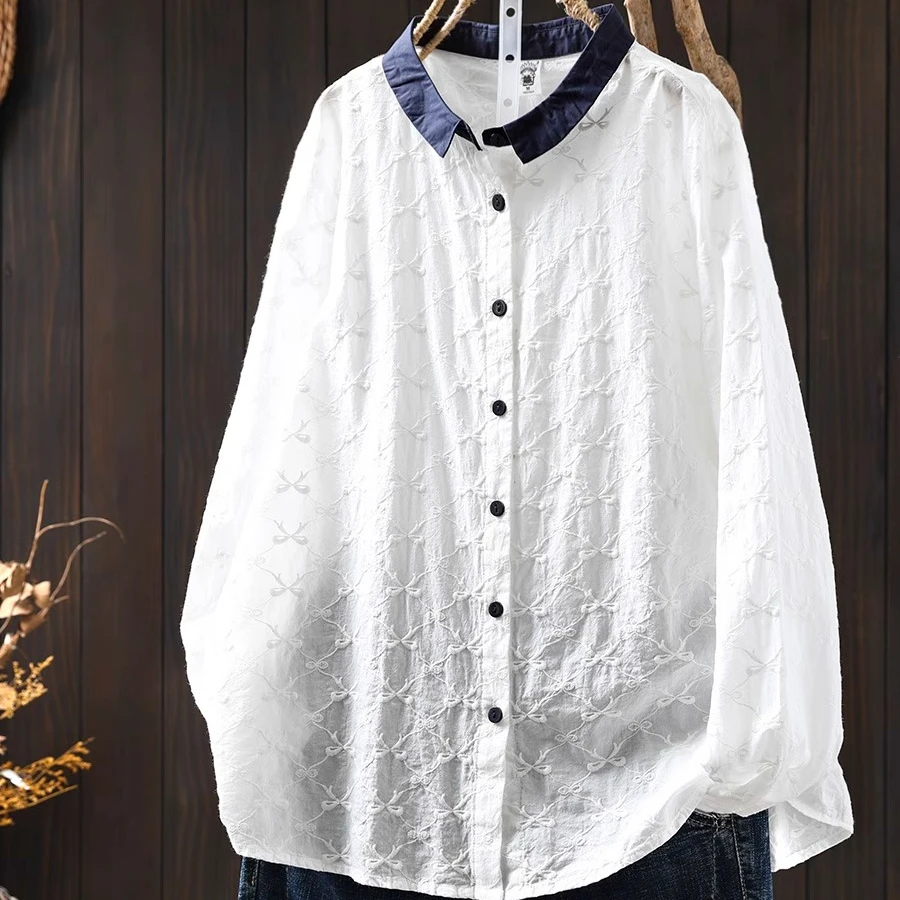 撞色领刺绣纯棉白衬衫女士长袖上衣2025春季新款叠穿内搭衬衣女