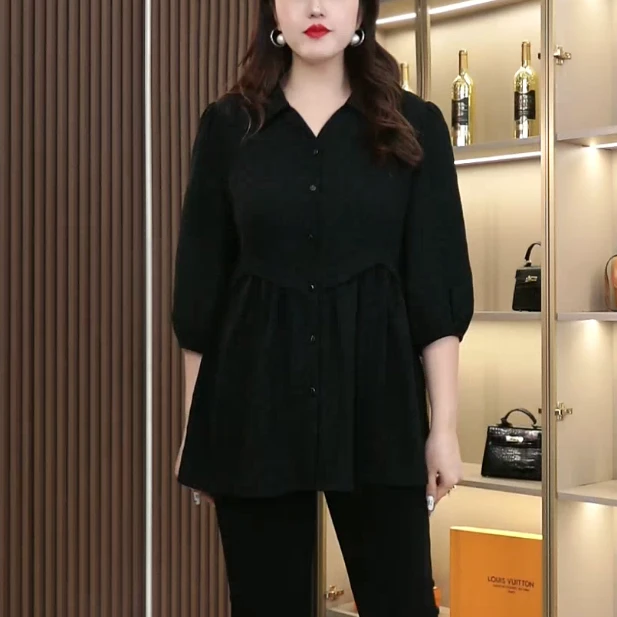 胖大柳大码女装时尚百搭遮肚显瘦翻领提花洋气衬衫250167七分袖