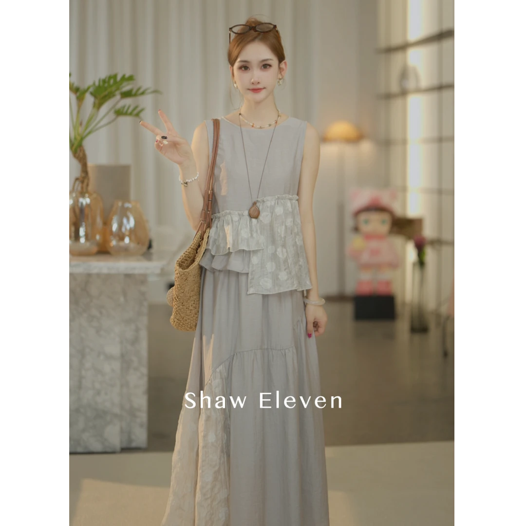 格雷女孩【Shaw Eleven】2025年夏女装法式圆领灰色上衣半裙套装