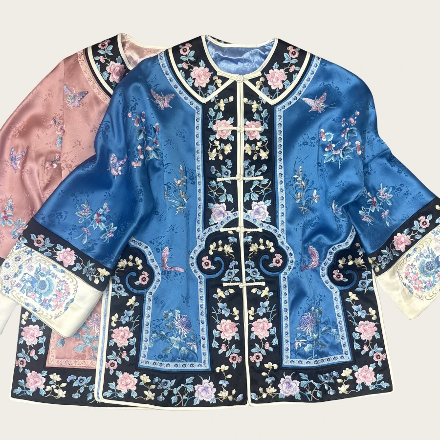 深圳南油太太服新中式国风中长款如意头重工进口醋酸刺绣外套上衣