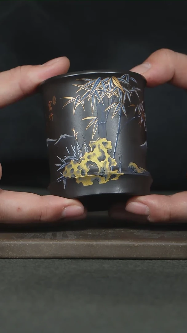 【闪购商品】紫砂茶杯石黄手绘富竹天下