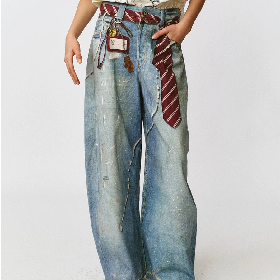 FORDARE 领带工牌印花牛仔长裤