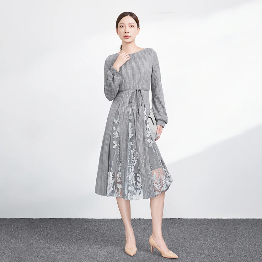 S·DEER圣迪奥秋冬季拼接时尚气质针织裙灰色高端轻奢女装连衣裙