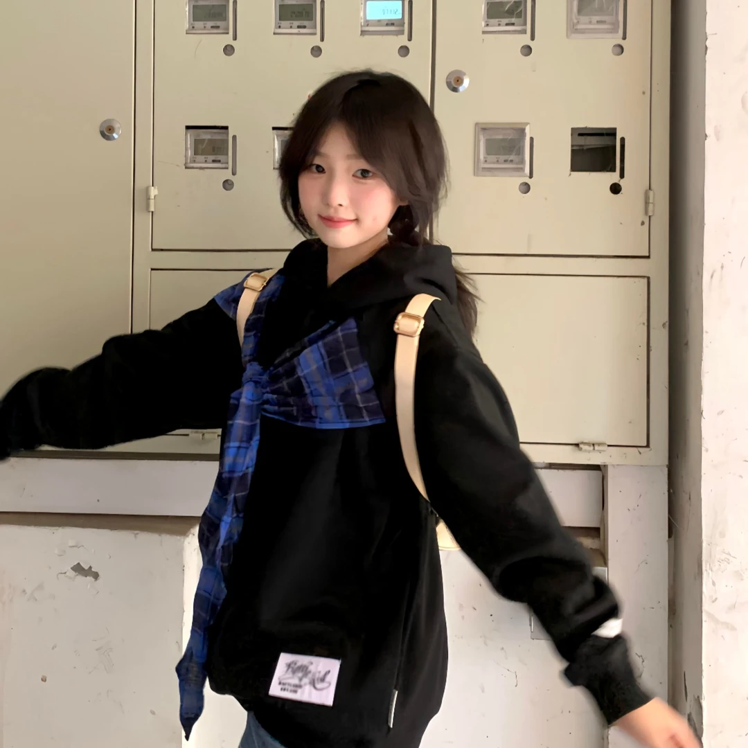 美式蝴蝶结格子上衣连帽卫衣女2025秋冬新款设计感情侣装宽松外套