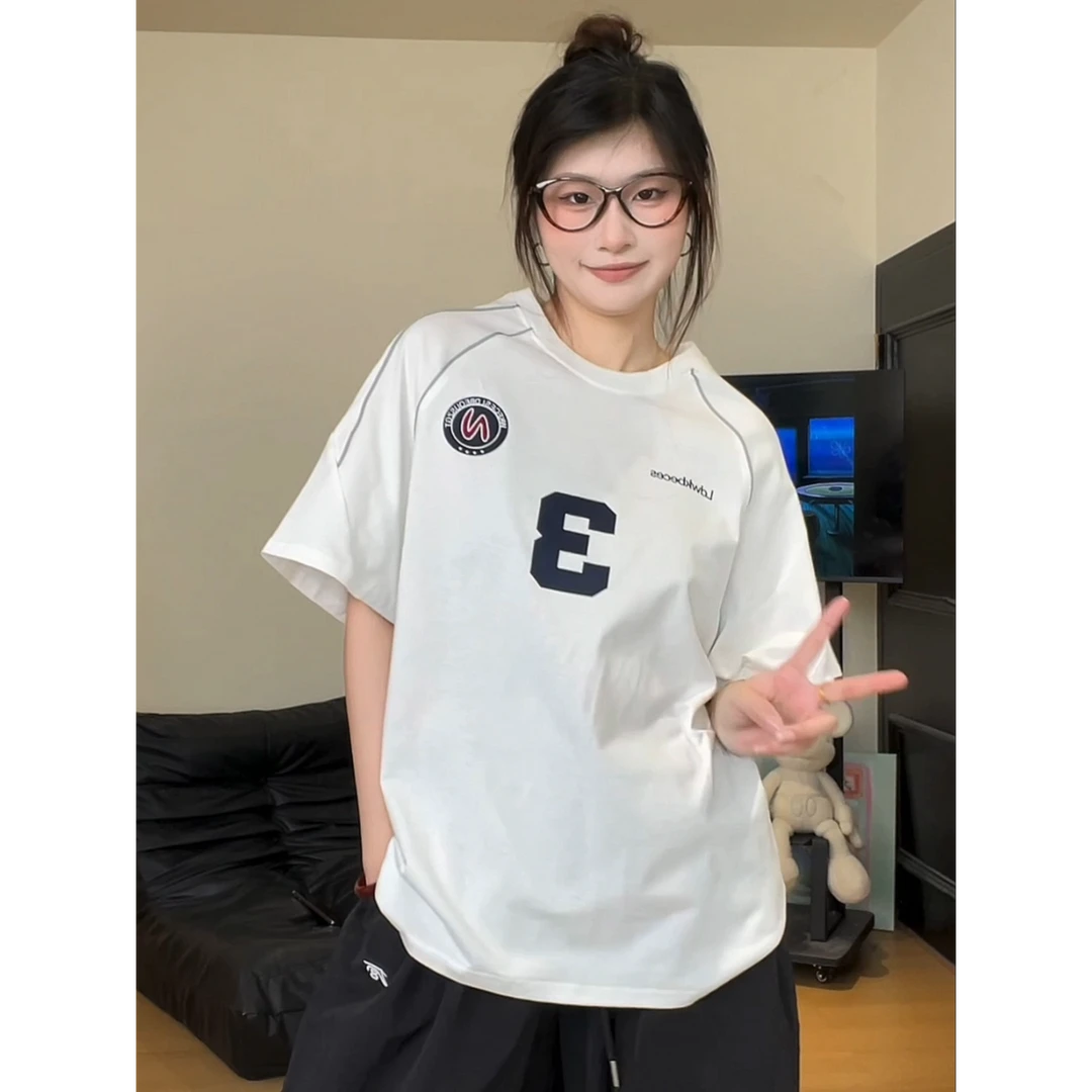 美式复古拼接反光条纯棉宽松短袖t恤女潮流印花情侣百搭小众上衣