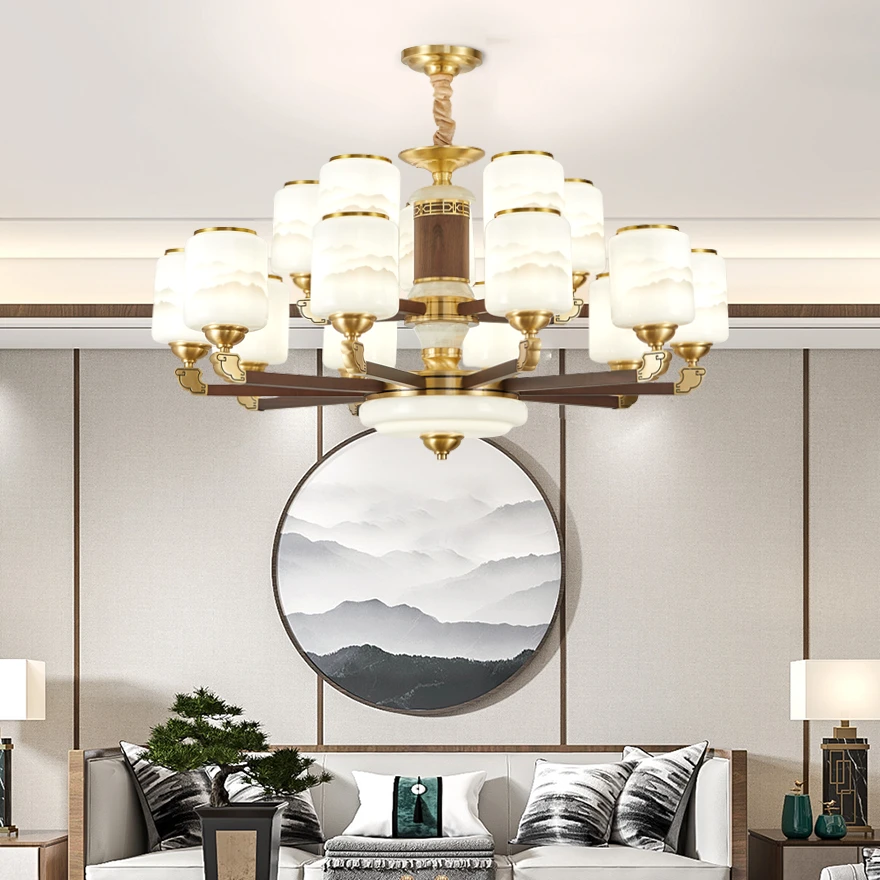 新中式全铜实木客厅玉石吊灯简约大气别墅餐厅中国风禅意中山新款