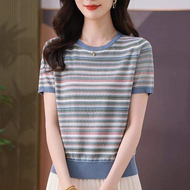 夏季条纹短袖宽松女圆领夏季毛针织衫上衣时尚打底衫显瘦百搭薄款
