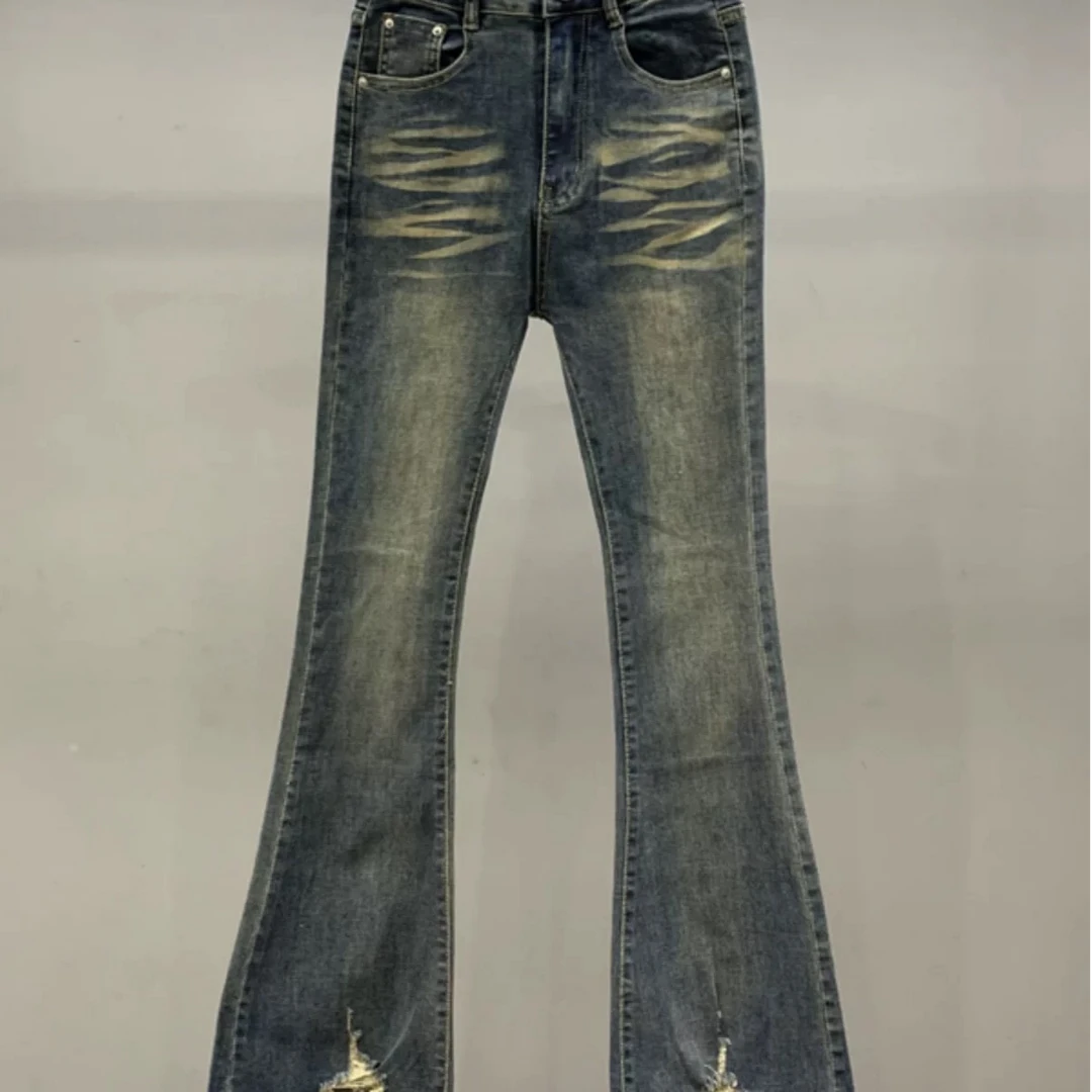 2381复古破洞毛边微喇牛仔裤女