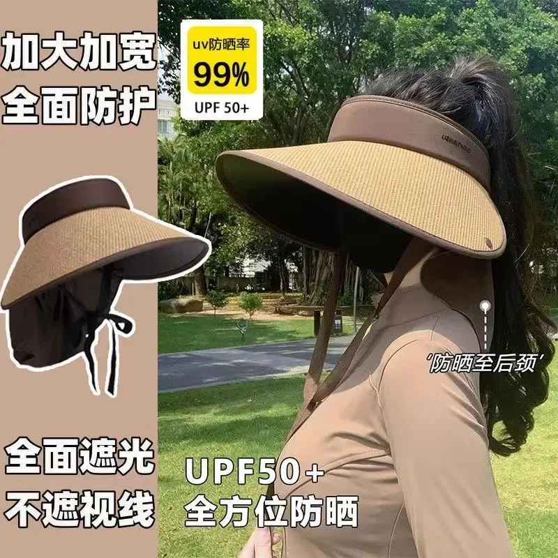 加大帽檐遮阳帽草编空顶太阳帽子头盔女可折叠防紫外线披肩防
