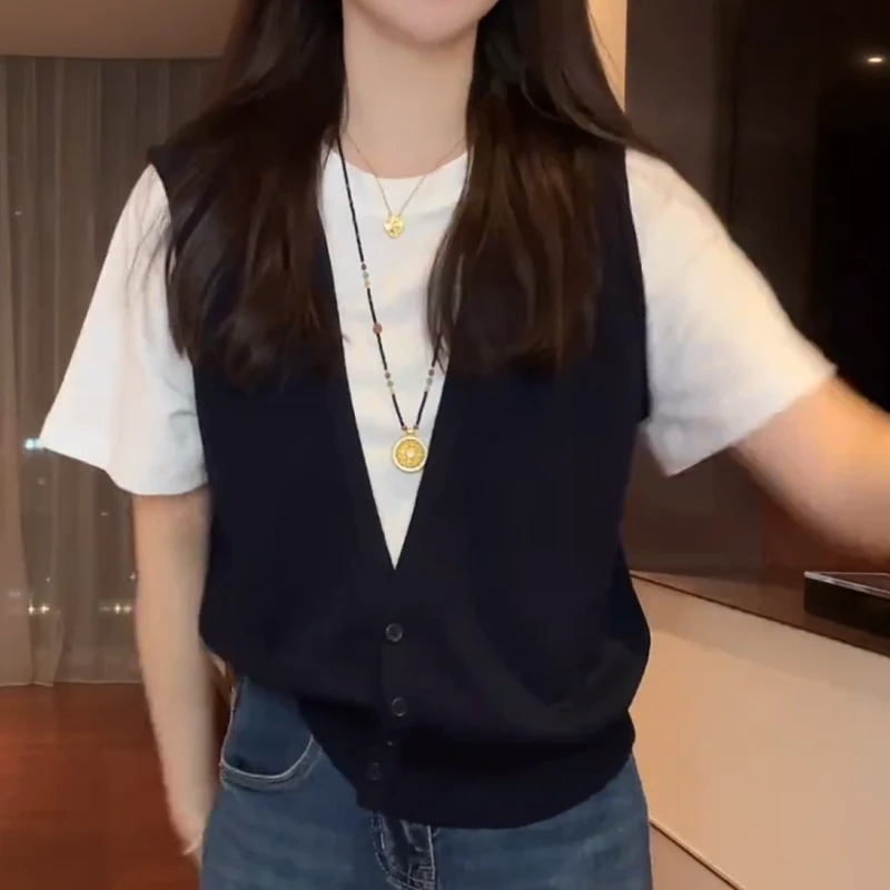 【拼色T】2025秋季新款撞色百搭针织假两件短袖T恤LK2505796