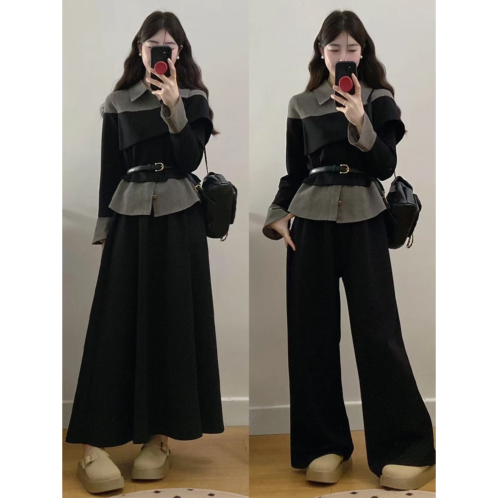 大码女装胖mm新款牛仔拼接假两件上衣+裙子裤子两件套