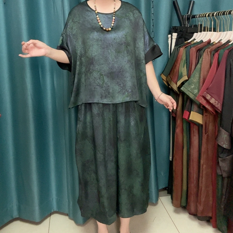 夏季中年妈妈圆领宽松显显瘦炫彩套装中国风上衣短袖