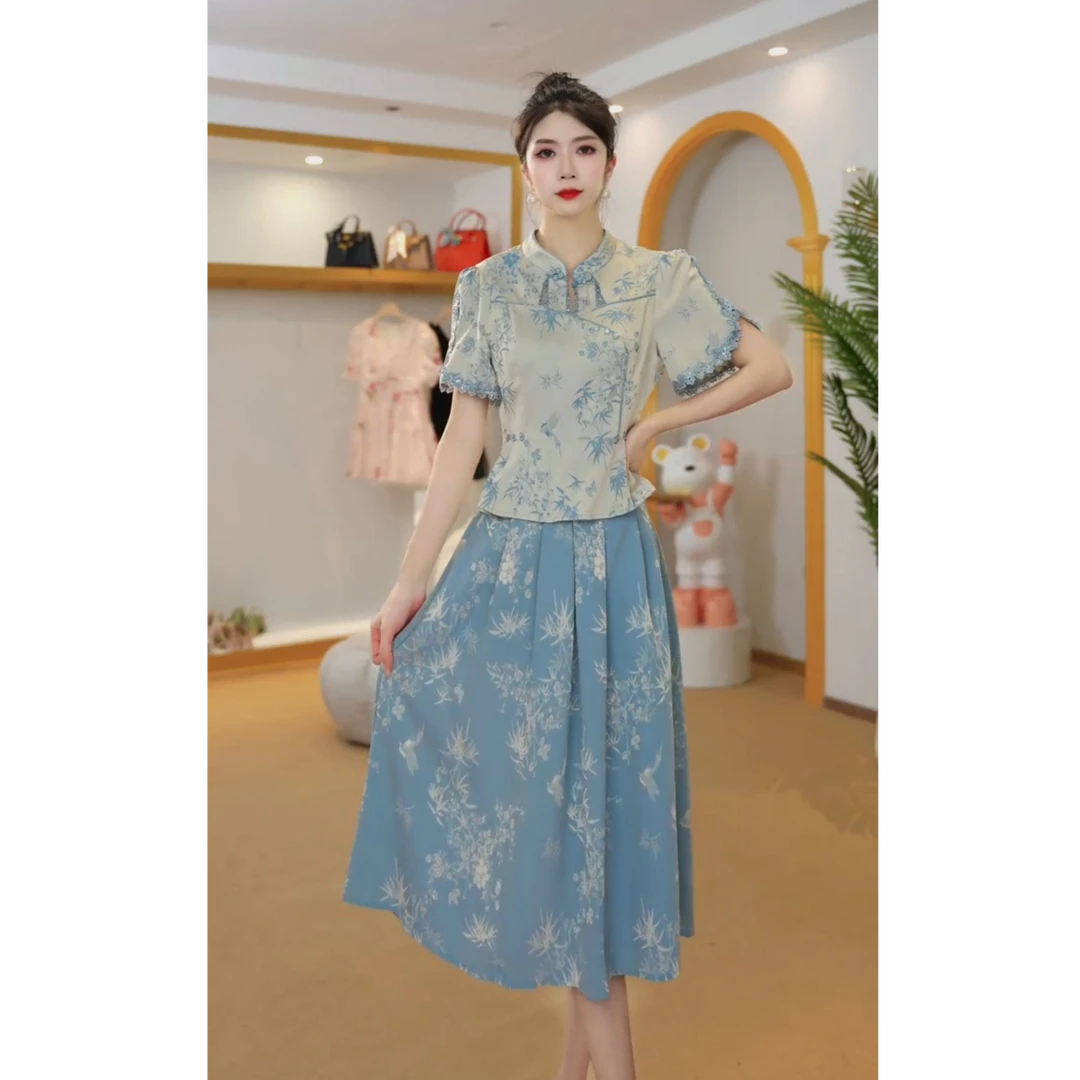 【赠送运费险】国风短袖两件套连衣裙女2025夏季半身裙套装A52215