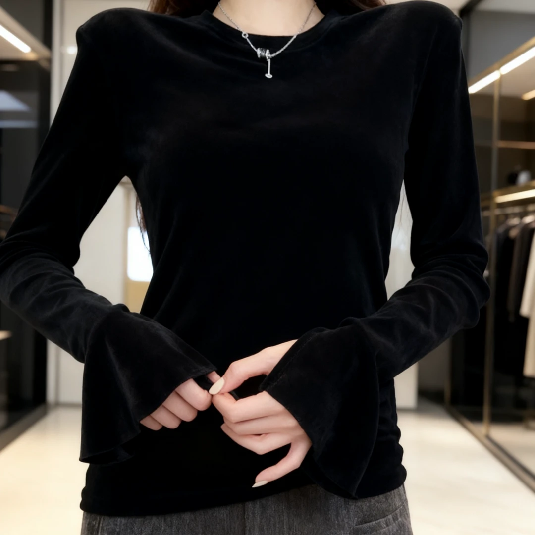 『璀璨星河』设计感可拆卸垫肩丝绒长袖T恤25秋季新款黑色气质上衣