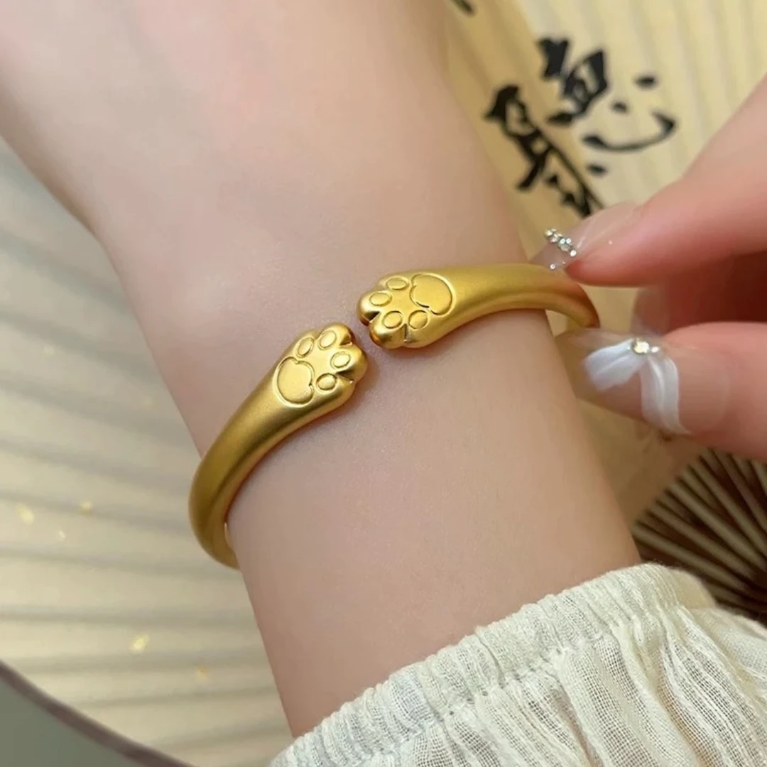铜合金手镯  招财纳福可爱猫抓手镯2025新款潮金色开口高级感手环