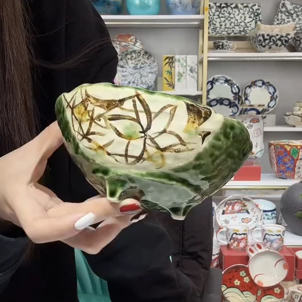 【单支】日本进口Bloom织部间取花三足圆形深钵13.5cm